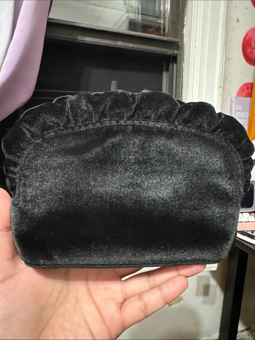 kate spade Black Velvet Ruffle small Cosmetic Bag
